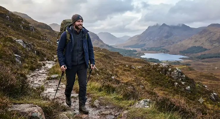Man wearing a versatile men's 3-in-1 waterproof jacket while hiking in the Scottish Highlands best 3 in 1 jacket