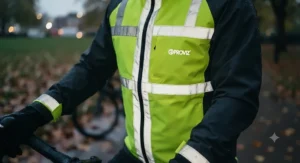 Close up of high visibility reflective strips on the best cycling rain jacket