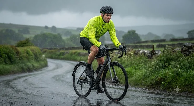 Cyclist testing the best cycling rain jacket in heavy British rainfall
