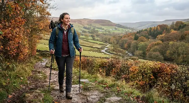 A hiker wearing the best softshell jacket for walking in the British countryside during autumn.