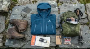 Flat lay of outdoor gear including the best walking jacket, walking boots, and a map for a weekend hiking trip.