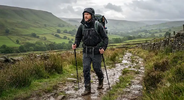 Man wearing the best walking jacket for men, a waterproof black hiking coat, while trekking on a muddy trail in the British countryside.