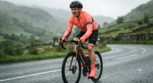 Professional cyclist training in the best cycling rain jacket showing breathability