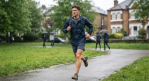 An active man running in a light shower wearing a breathable, high-performance mens packable rain jacket.