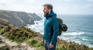 Side profile of a windproof men's walking jacket designed for coastal walks and breezy days
