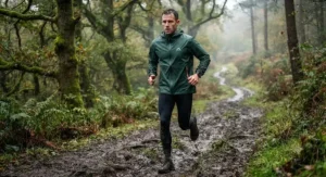 A runner wearing a breathable men's waterproof running jacket on a muddy trail path through a countryside woodland.