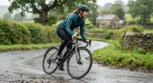 A woman wearing a breathable womens cycling rain jacket during a weekend training ride on wet British country roads.
