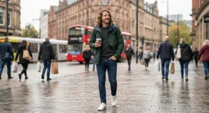 A person wearing a casual 3-in-1 jacket for a day out in a busy British city centre.