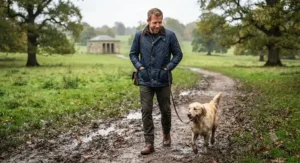 Man in a stylish navy blue men's walking jacket walking his dog through a muddy British park