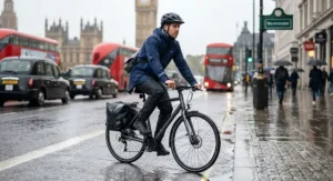 Commuter wearing the best cycling rain jacket while riding through London streets
