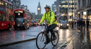 Cyclist in a hi-vis cycling rain jacket navigating rainy traffic during a London evening commute