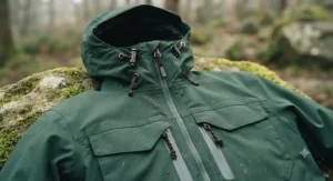 Close-up of the adjustable hood and zipped pockets on a durable best walking jacket suitable for rugged terrain.