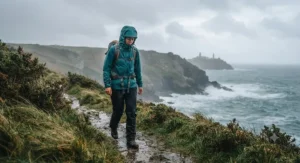 Someone wearing a durable packable rain jacket while walking along a windy, rainy British coastline.