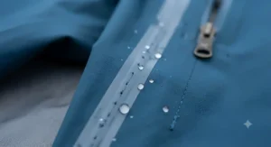 Close up of a taped seam on a hardshell jacket demonstrating waterproof protection
