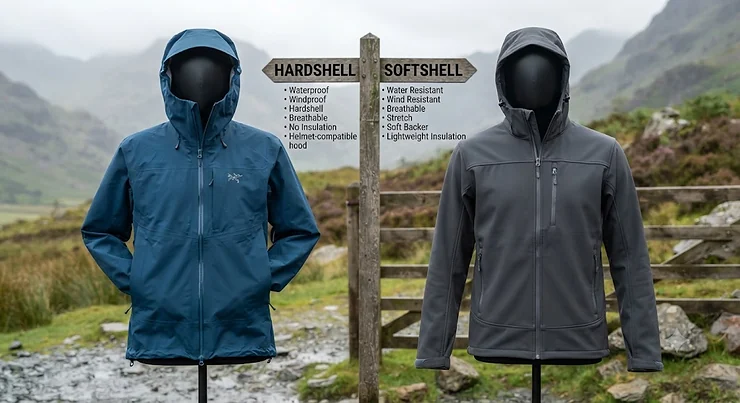 Comparison side-by-side of a hardshell and softshell jacket for UK hiking hardshell vs softshell jacket