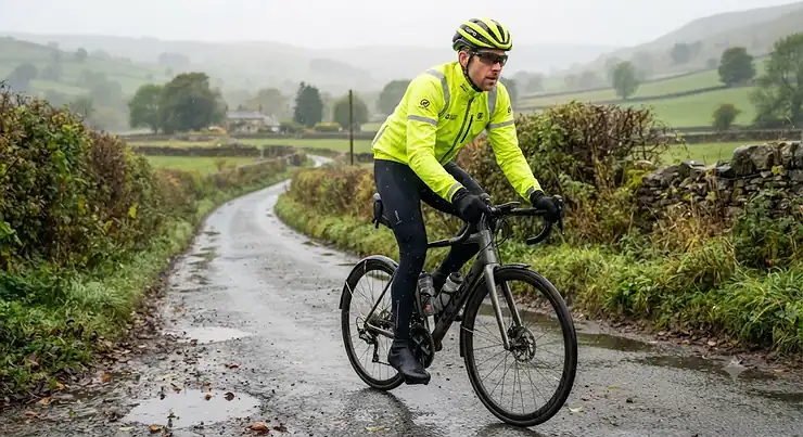 Man wearing a bright yellow hi-vis cycling rain jacket cycling on a damp British country lane