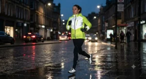 Runner wearing a high-visibility reflective running rain jacket for safe evening training in winter