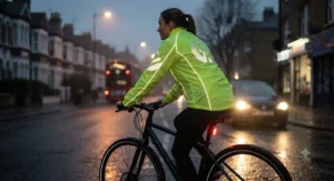 Reflective details glowing on a high-visibility womens cycling rain jacket during dark, drizzly evening rides in the UK.