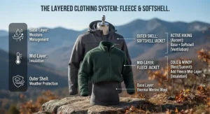 The layering system illustrating where a fleece fits as a mid-layer and a softshell functions as an outer shell.