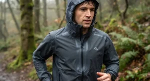 Close-up of a lightweight men's waterproof running jacket featuring an adjustable storm hood and taped seams.
