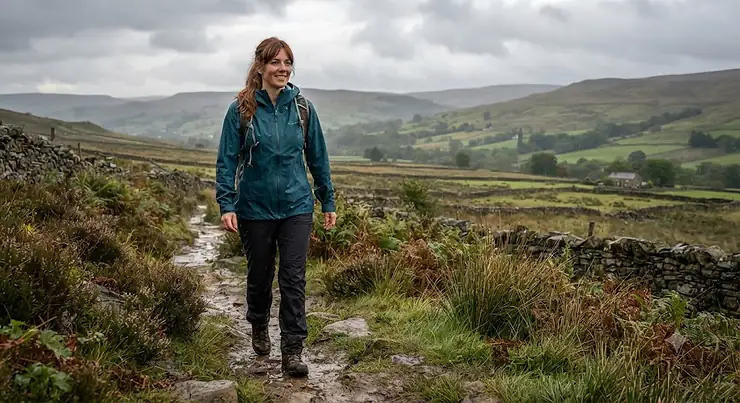 A woman wearing a lightweight packable rain jacket while walking in the British countryside