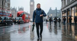 A man wearing a stylish waterproof packable rain jacket during a rainy daily commute in London.