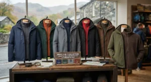 A display of various mens 3 in 1 jacket colourways available for the British autumn and winter season.
