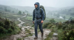 A man staying dry in a heavy downpour while wearing a high-performance men's walking jacket