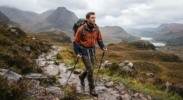A man wearing a waterproof mens hardshell jacket while hiking in the Scottish Highlands