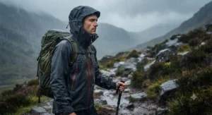 Side profile of a man in a protective mens hardshell jacket standing in heavy rain