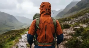 Back view of a man in a mens hardshell jacket with an adjustable storm hood raised