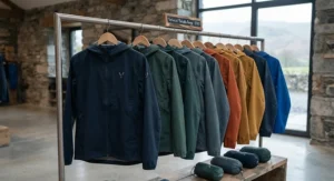 A selection of mens packable rain jackets in various colours displayed on a clothes rail.