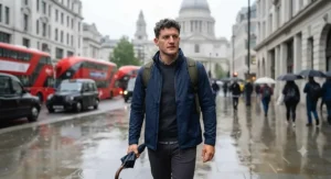 A man wearing a stylish, navy blue mens packable rain jacket during a rainy commute in a British city.