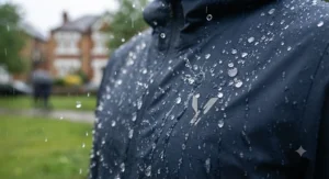 Close-up of water beading off the technical fabric of a mens packable rain jacket during heavy rain.