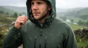 Detailed view of the zipped pockets and adjustable hood on a dark green men's walking jacket