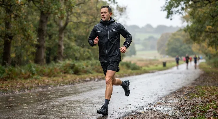 A man wearing a black men's waterproof running jacket while jogging outdoors on a damp British morning.