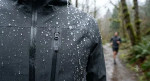 Water droplets beading off the technical fabric of a performance men's waterproof running jacket during a rain shower.