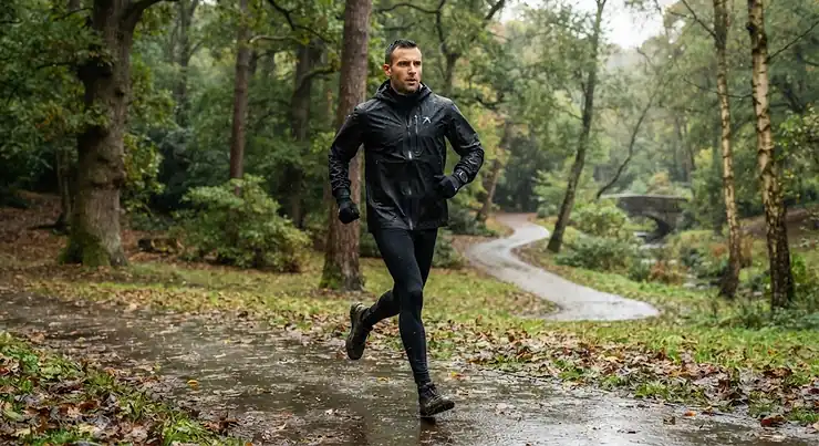 Man wearing a black waterproof running rain jacket during a wet morning jog in a British park