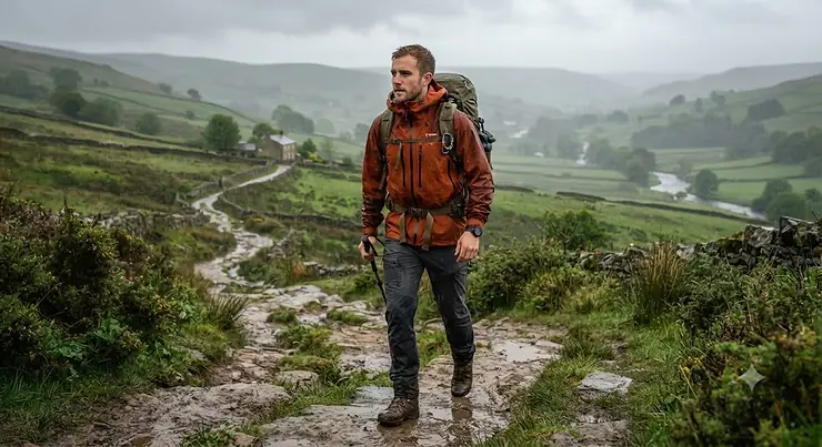 Man wearing a waterproof men's walking jacket while hiking on a rainy trail in the British countryside