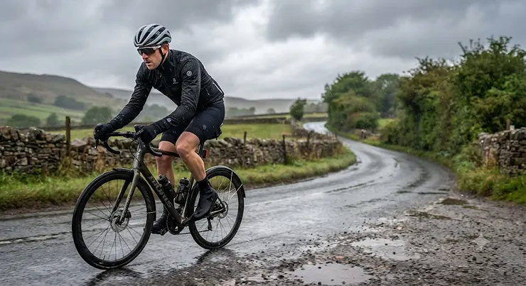 Man wearing a black windproof softshell jacket for cycling on a rainy British road