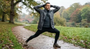 Man stretching outdoors while wearing an insulated running rain jacket on a chilly morning