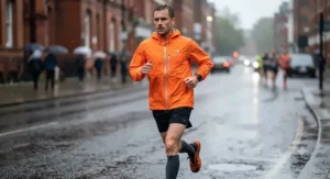 A marathon runner staying dry in an orange men's waterproof running jacket during a wet training session.