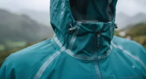 Detail view of a packable rain jacket highlighting the taped seams and adjustable hood for maximum weather protection.