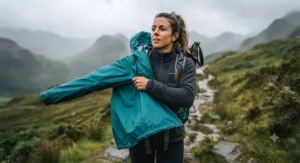 A hiker pulling on a packable rain jacket over their layers to stay dry in unpredictable weather.