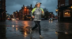 Runner wearing a high-visibility reflective womens running rain jacket for safe evening road running in winter
