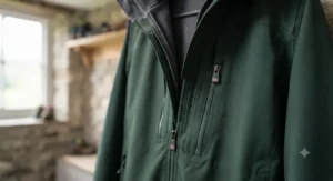 Detailed view of the secure zipped pockets on a high-quality 3-in-1 travel jacket.