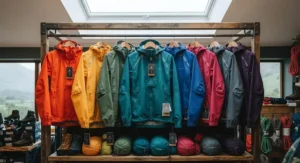 A range of colourful packable rain jackets hung on a rack, suitable for various outdoor activities.