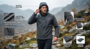 Key features of a softshell jacket highlighting its durability and resistance to light rain during outdoor activities.