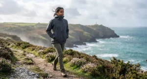 A lightweight softshell jacket providing wind protection on a coastal path
