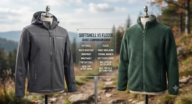 A comparison showing the difference between a water-resistant softshell jacket and a warm insulating fleece jacket.